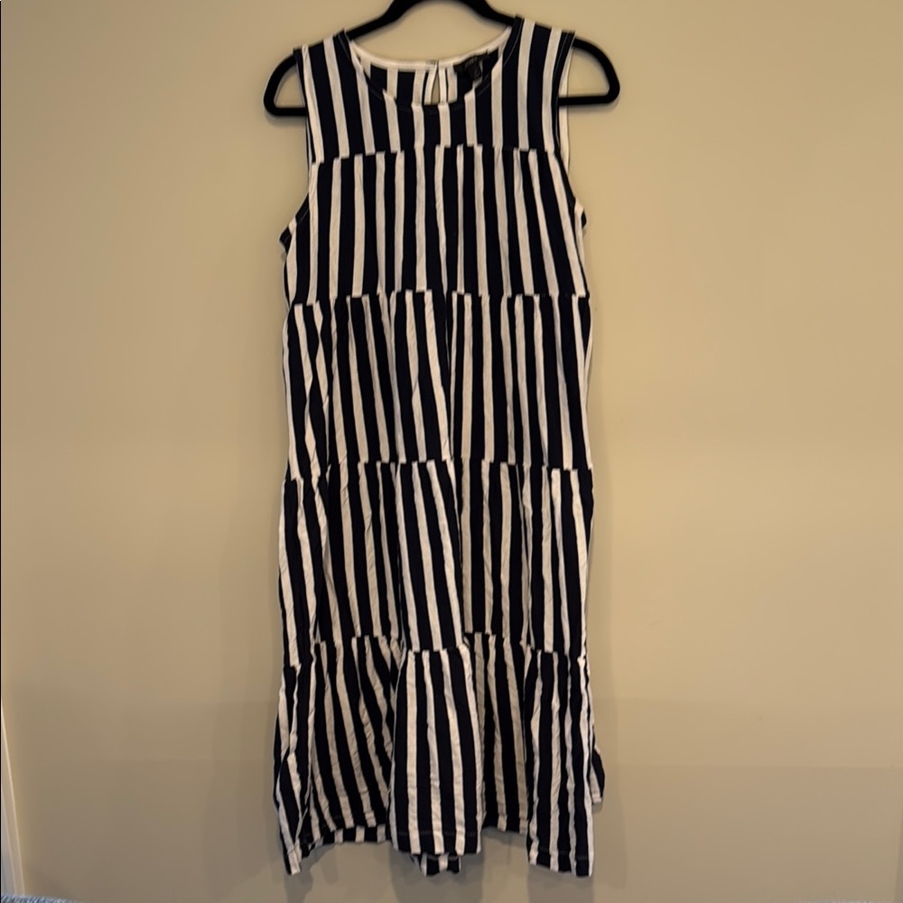 Navy and White Striped Sleeveless Midi Dress